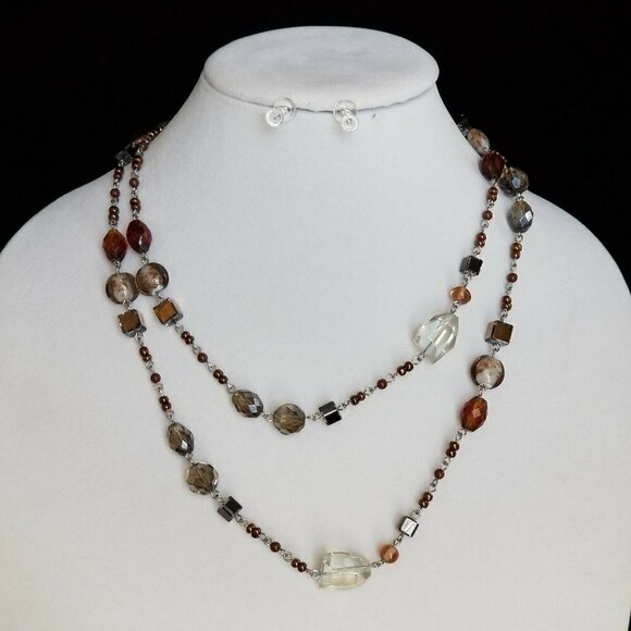 Premier Designs 42" Beaded Necklace Neutrals Silver Tone Signed Long Versatile - Picture 3 of 8